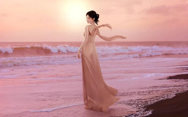 鞠婧祎粉丝的海边飘逸的长裙