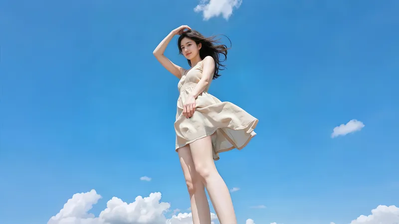 蓝天白云下长裙露腿美女