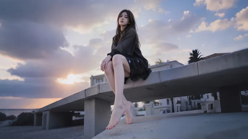 夕阳下坐在石凳子上的黑衣美女