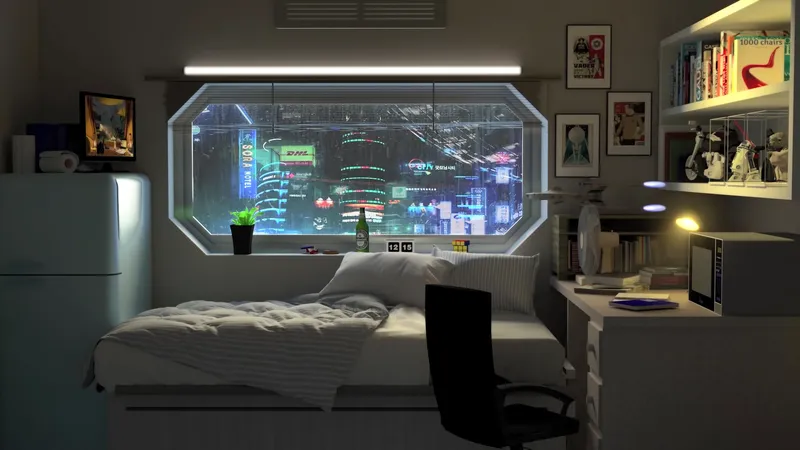 赛博朋克房间的床铺和书桌