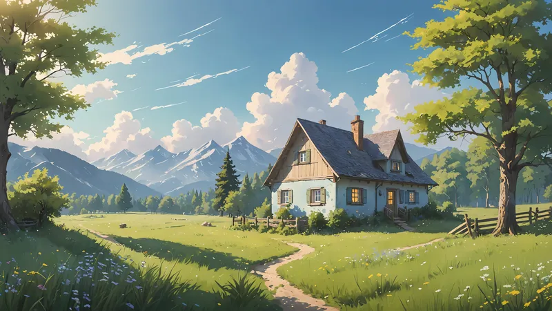 田园草坪中的小屋和树木