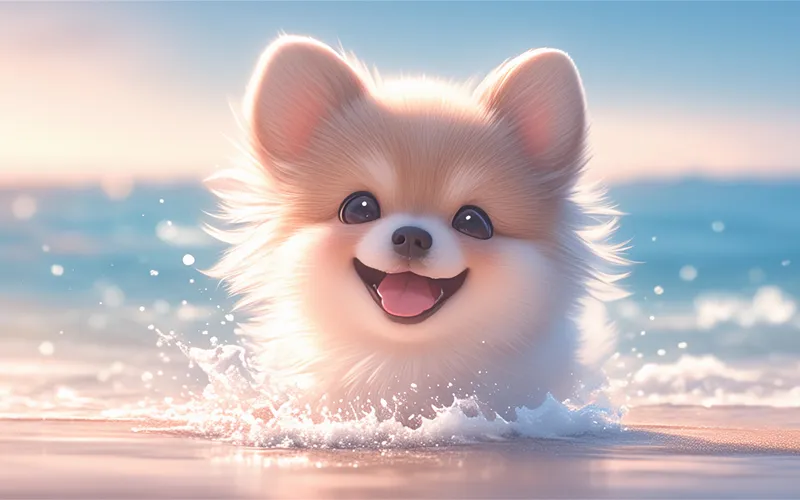 在海边沙滩上戏水的可爱小狗