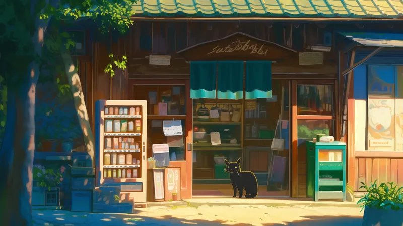 杂货铺门口的小黑猫