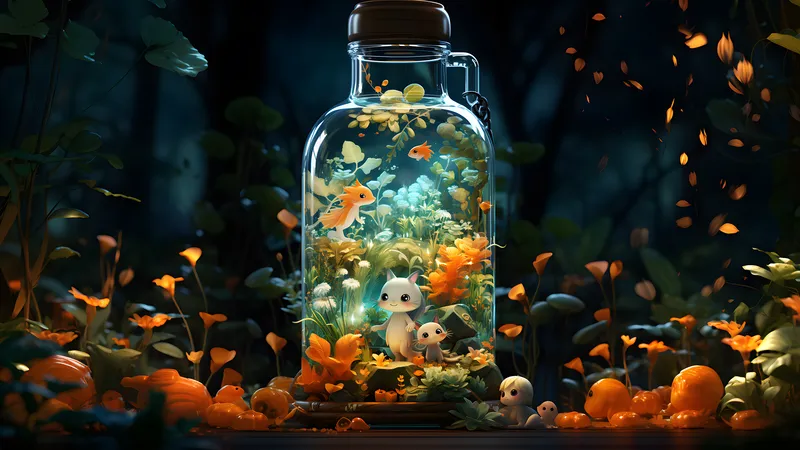 漂流瓶里的两只可爱的小花猫