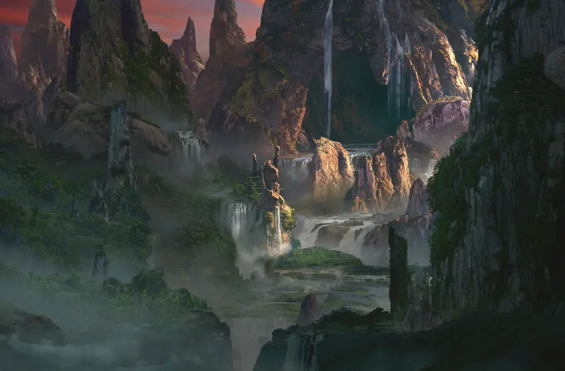 山谷瀑布中心形成的人形岩石雕像