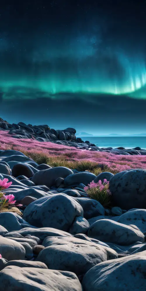 岩石海滩极光天空